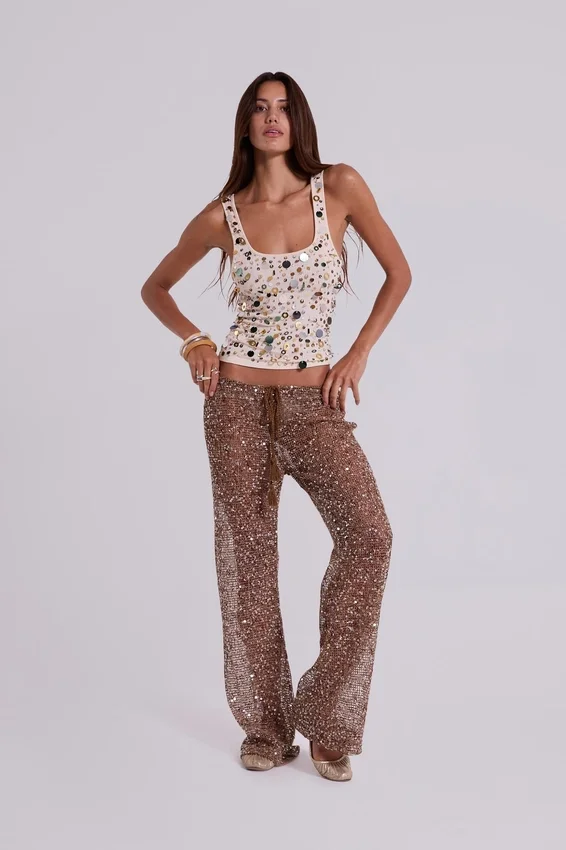 Addison Sequin Vest Top in Sand