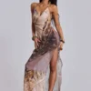 Alameda Metallic Cowl Backless Chiffon Maxi Dress