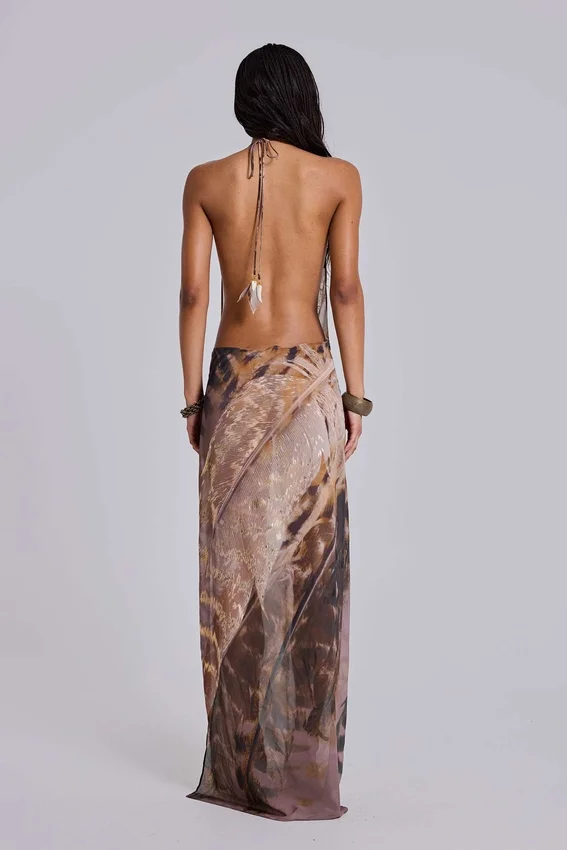 Alameda Metallic Cowl Backless Chiffon Maxi Dress