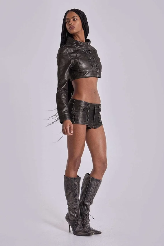 Alektra Military PU Leather Mini Shorts