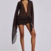 Aria Mesh Plunge Mini Dress in Brown