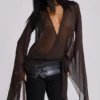 Aria Mesh Plunge Mini Dress in Brown