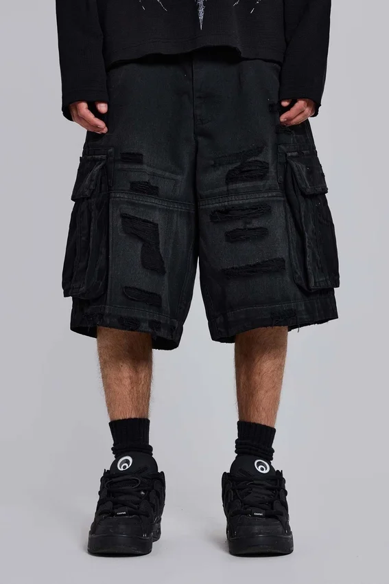 Black Distressed Beach Cargo Shorts