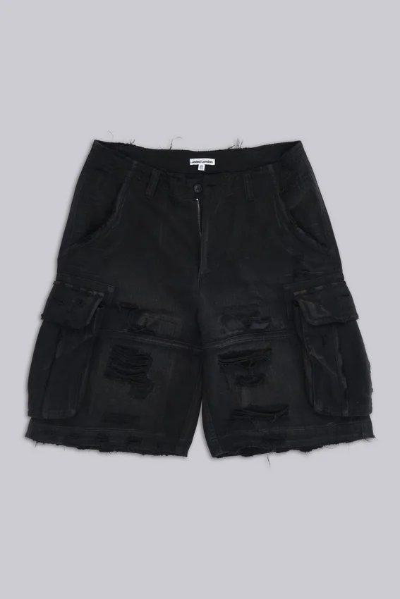 Black Distressed Beach Cargo Shorts
