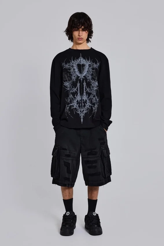 Black Distressed Beach Cargo Shorts