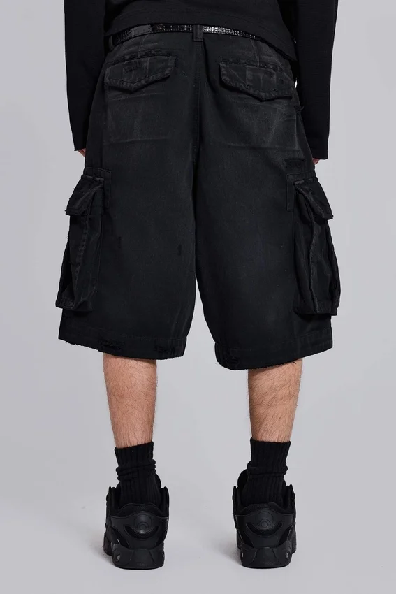 Black Distressed Beach Cargo Shorts