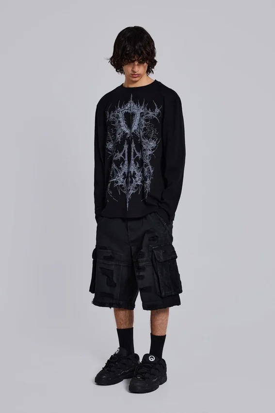 Black Distressed Beach Cargo Shorts
