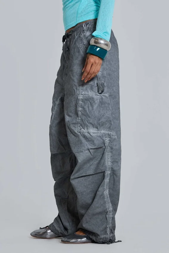 Black Oil Wash Parachute Pants