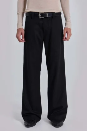 Black Pinstripe Stacked Straight Suit Pants