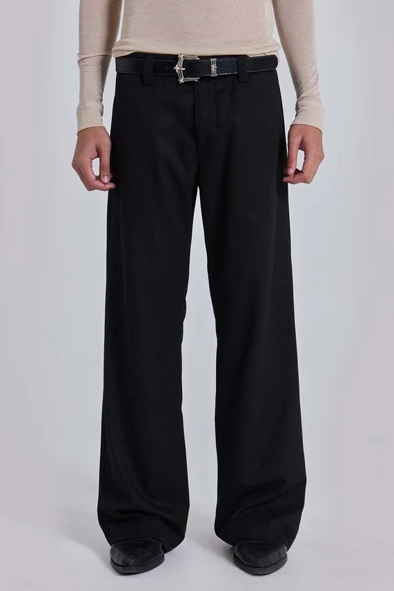 Black Pinstripe Stacked Straight Suit Pants