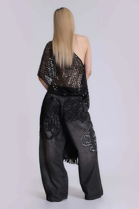 Black Raised Embroidery XL Colossus Jeans