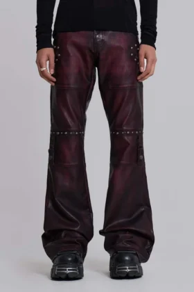 Burgundy Studded Faux Leather Drift Bootcut Trousers