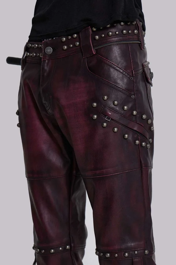 Burgundy Studded Faux Leather Drift Bootcut Trousers