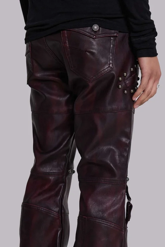Burgundy Studded Faux Leather Drift Bootcut Trousers