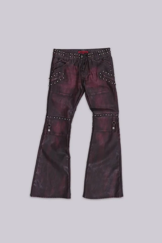 Burgundy Studded Faux Leather Drift Bootcut Trousers