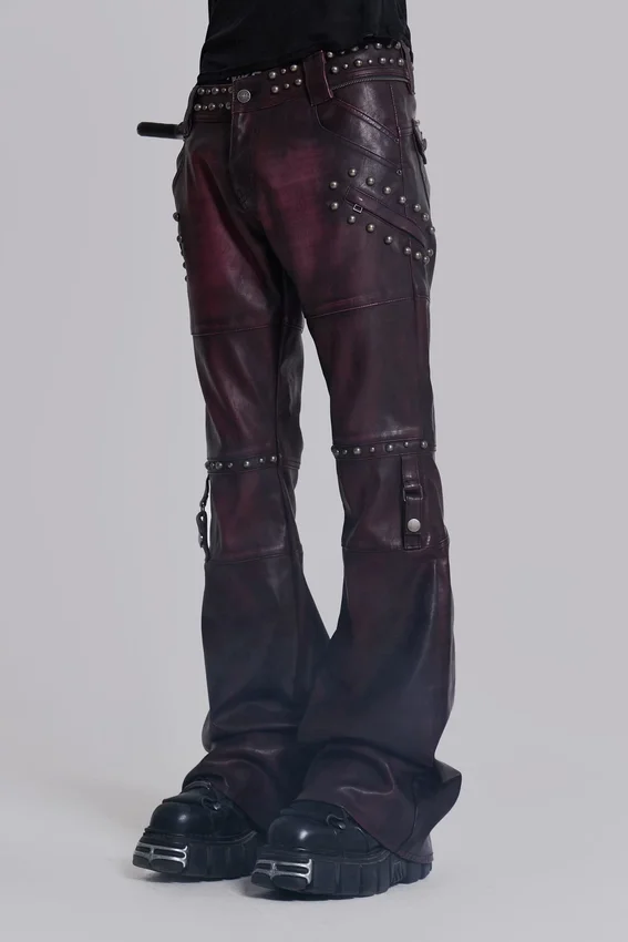 Burgundy Studded Faux Leather Drift Bootcut Trousers