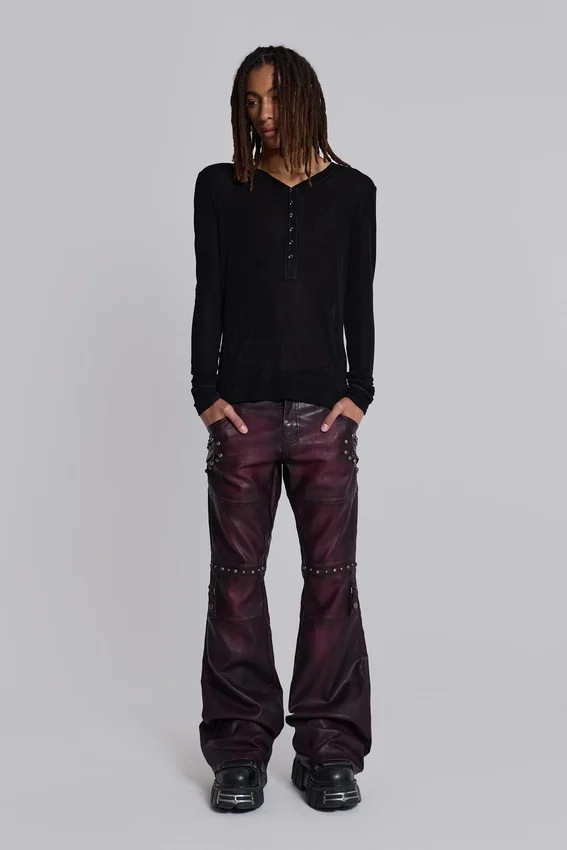 Burgundy Studded Faux Leather Drift Bootcut Trousers