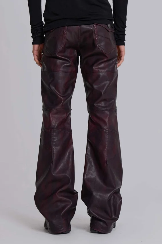 Burgundy Studded Faux Leather Drift Bootcut Trousers