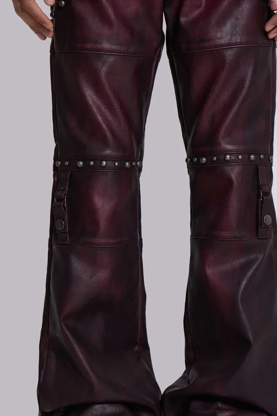 Burgundy Studded Faux Leather Drift Bootcut Trousers