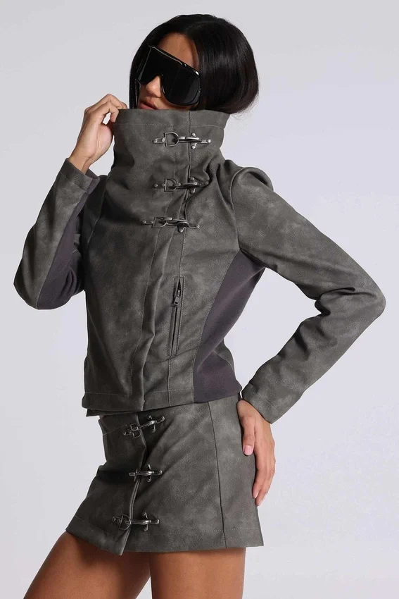 Cera Clasp PU Leather Funnel Jacket