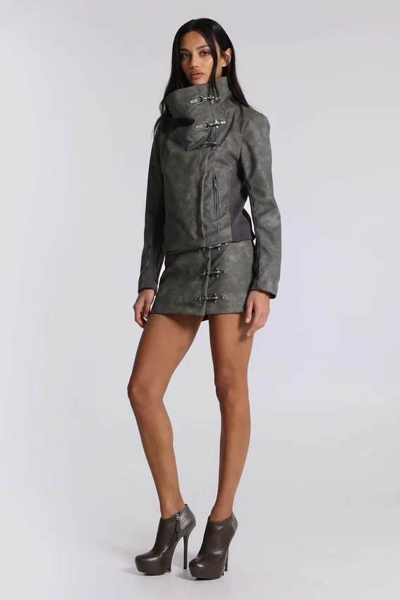Cera Clasp PU Leather Funnel Jacket