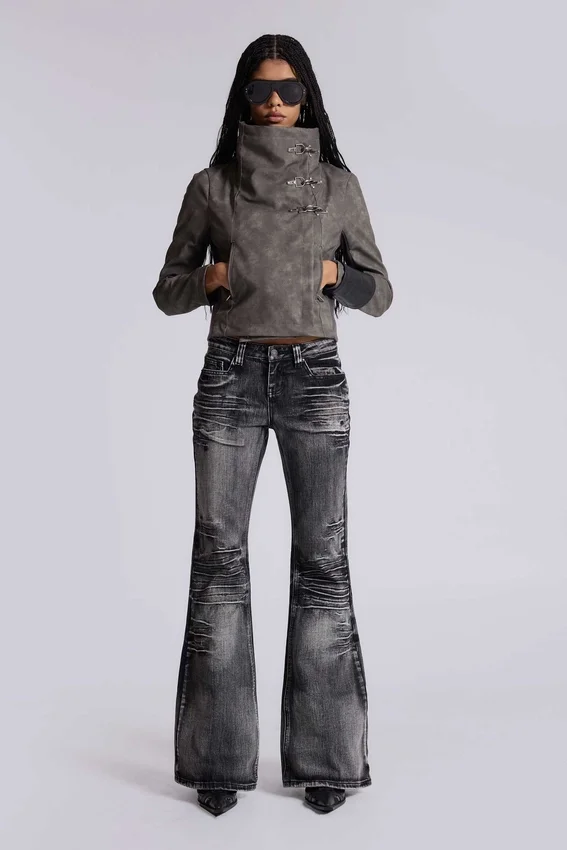 Cera Clasp PU Leather Funnel Jacket