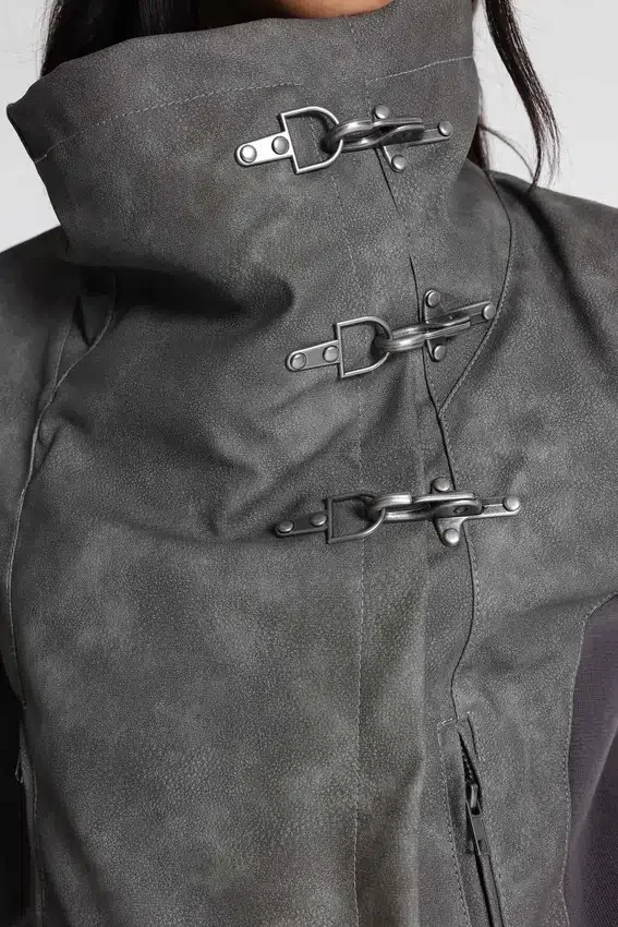 Cera Clasp PU Leather Funnel Jacket
