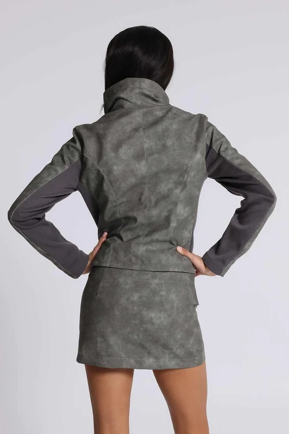 Cera Clasp PU Leather Funnel Jacket