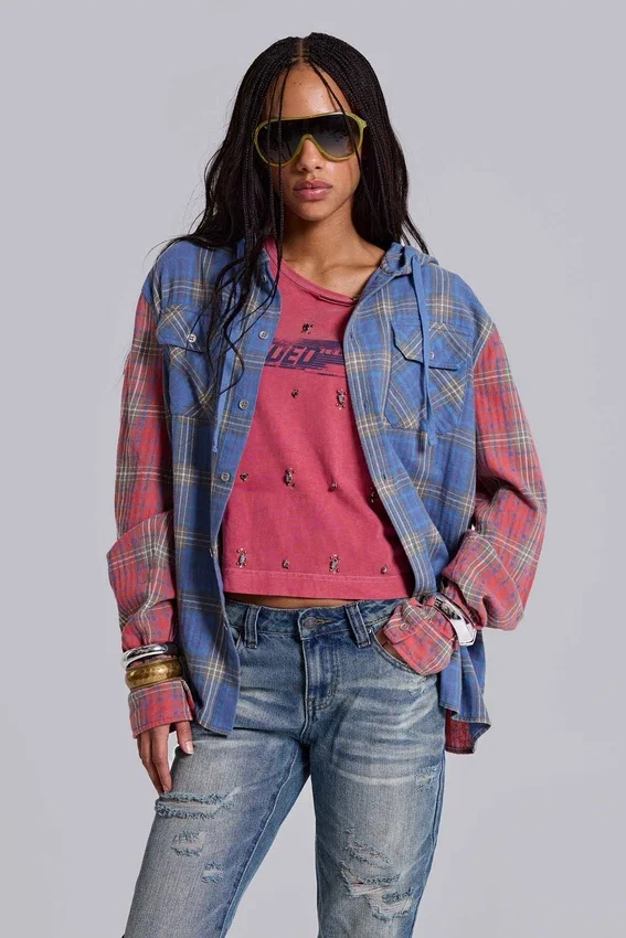 Checked Button-Up Hooded Shirt