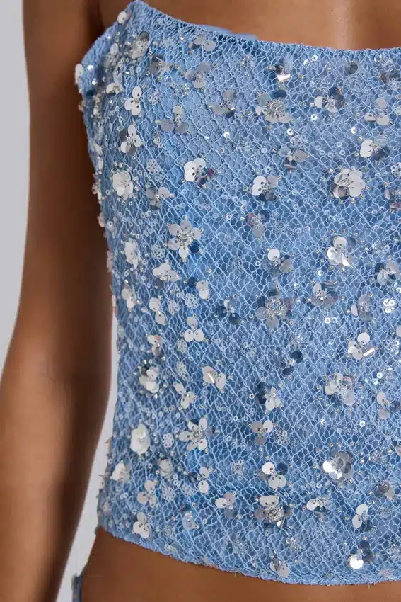 Deva Sequin Knit Corset Top in Sky
