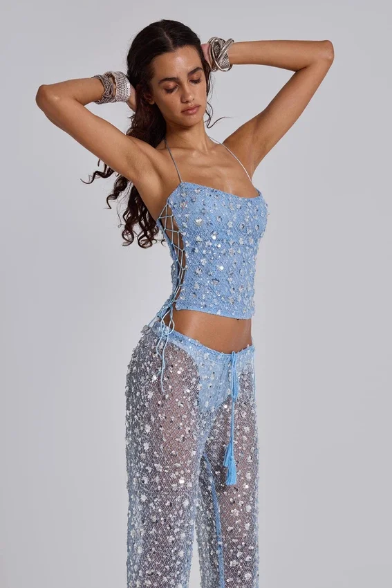 Deva Sequin Knit Trousers in Sky