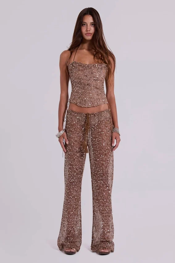 Deva Sequin Knit Trousers in Sand