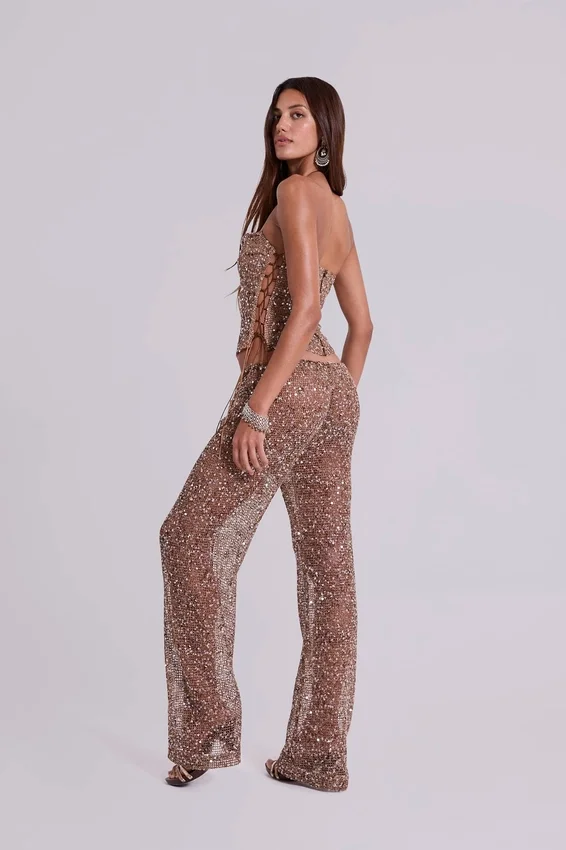 Deva Sequin Knit Trousers in Sand