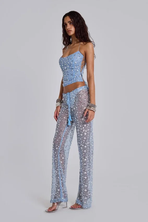 Deva Sequin Knit Trousers in Sky