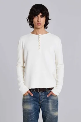 Ecru Waffle Henley Top