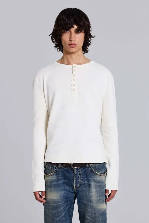 Ecru Waffle Henley Top