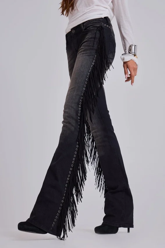 El Topo Fringe Bootcut Jeans in Black Wash