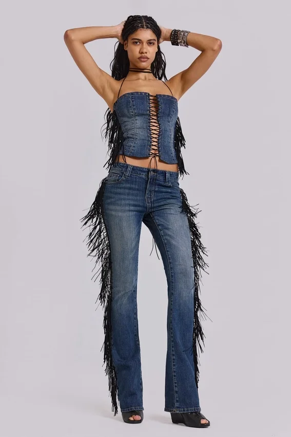 El Topo Fringe Bootcut Jeans in Blue Wash