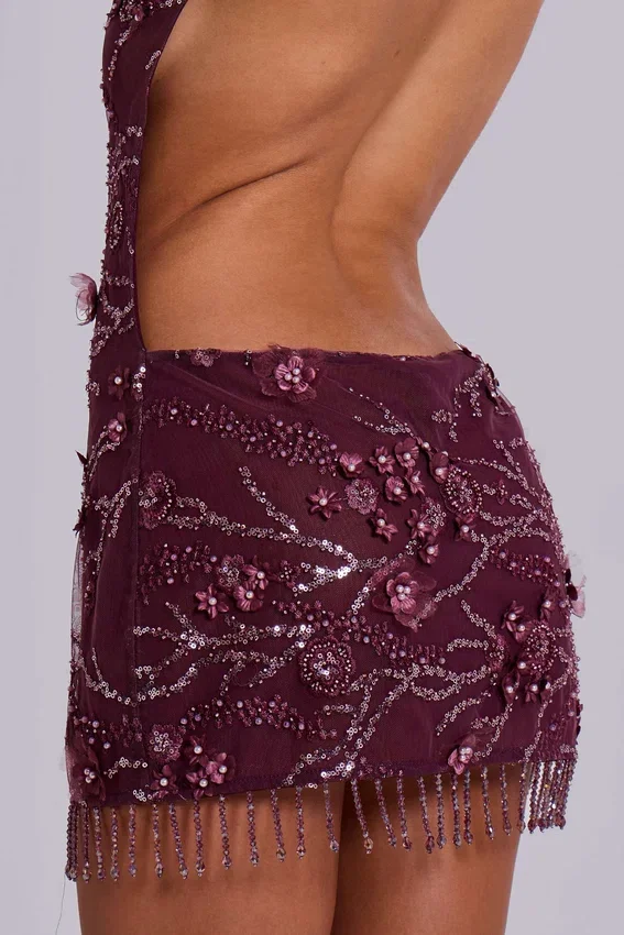 Ellora Embellished Mini Dress in Wine
