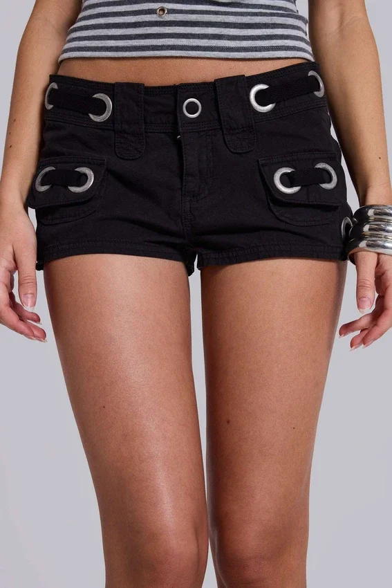 Oriel Eyelet Cargo Mini Shorts in Black