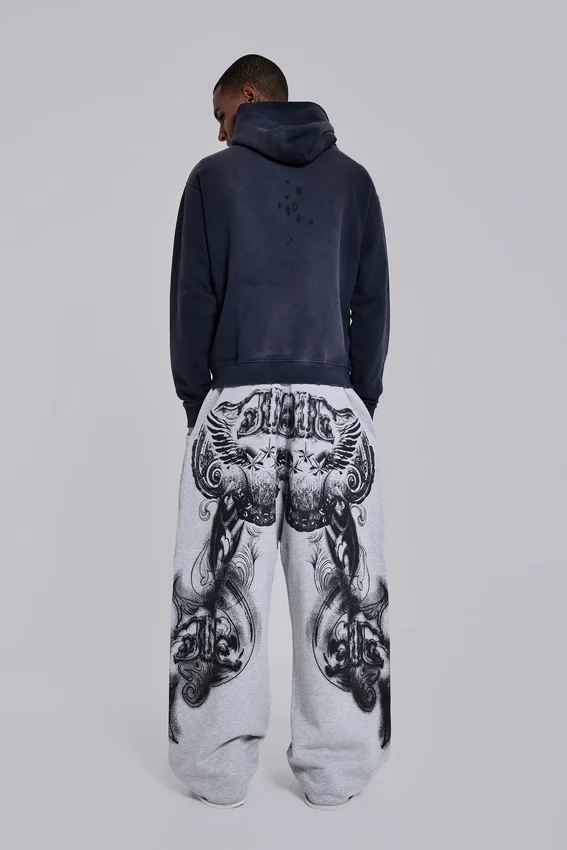 Grey Marl Gothic Print Baggy Monster Joggers