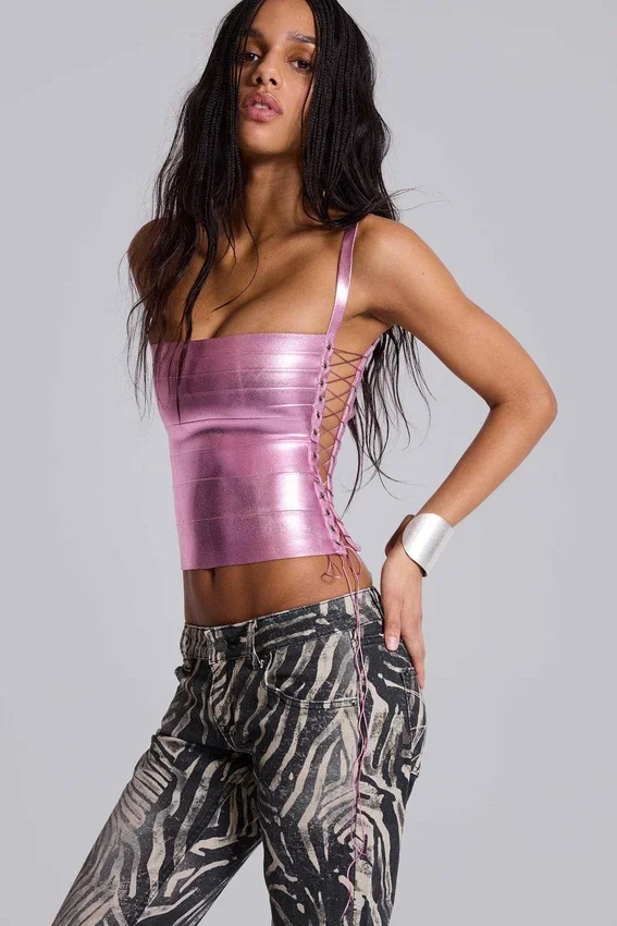 Idol Metallic Bandage Corset Top in Pink