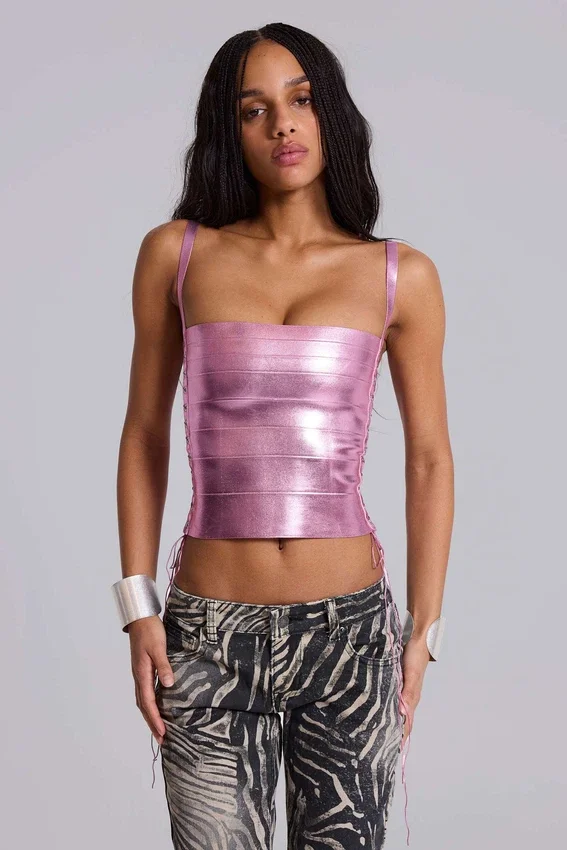 Idol Metallic Bandage Corset Top in Pink