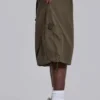Khaki Parachute Cargo Baggy Shorts