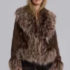 Leonie Faux Mongolian Fur Trim Coat in Brown