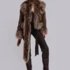 Leonie Faux Mongolian Fur Trim Coat in Brown