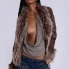 Leonie Faux Mongolian Fur Trim Coat in Brown