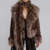 Leonie Faux Mongolian Fur Trim Coat in Brown