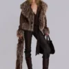 Leonie Faux Mongolian Fur Trim Coat in Brown