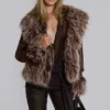 Leonie Faux Mongolian Fur Trim Coat in Brown